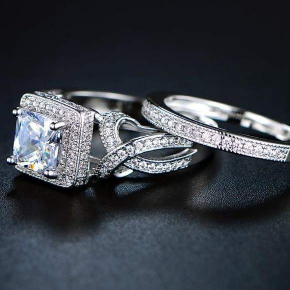 18K White Gold Plated CZ Princess Cut Bridal Set